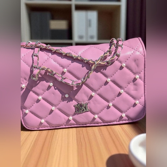 Badgley Mischka Diamond Quilted Crossbody Bag With Pearls Purple (New) - Picture 5 of 14